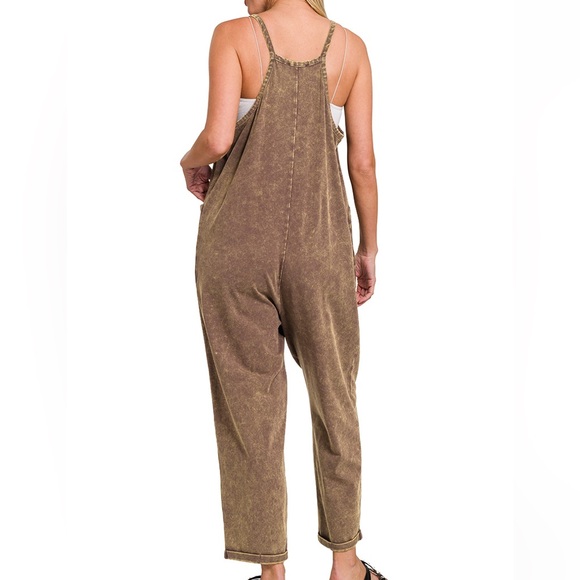 Washed Spaghetti Straps Overalls with Pockets - Mahogany - Picture 2 of 3